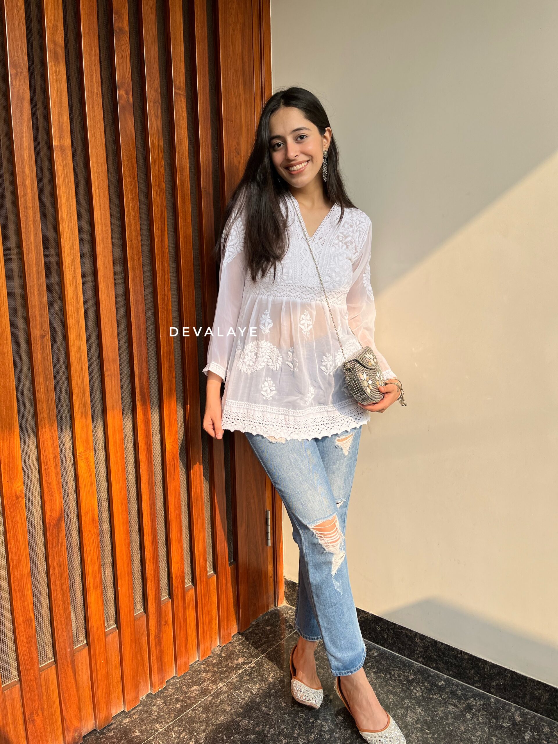 White Chikankari Lace Top - Devalaye - Short Tops