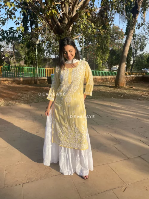 Ayka kurta in yellow color with intricate chikankari hand embroidery on soft modal cotton fabric